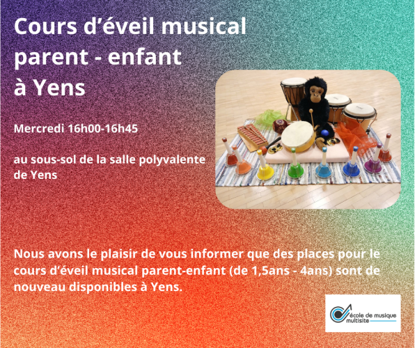 Nous avons le plaisir de vous informer que notre école propose de nouveau des cours d’éveil musical parent-enfant (de 1,5ans - 4ans)